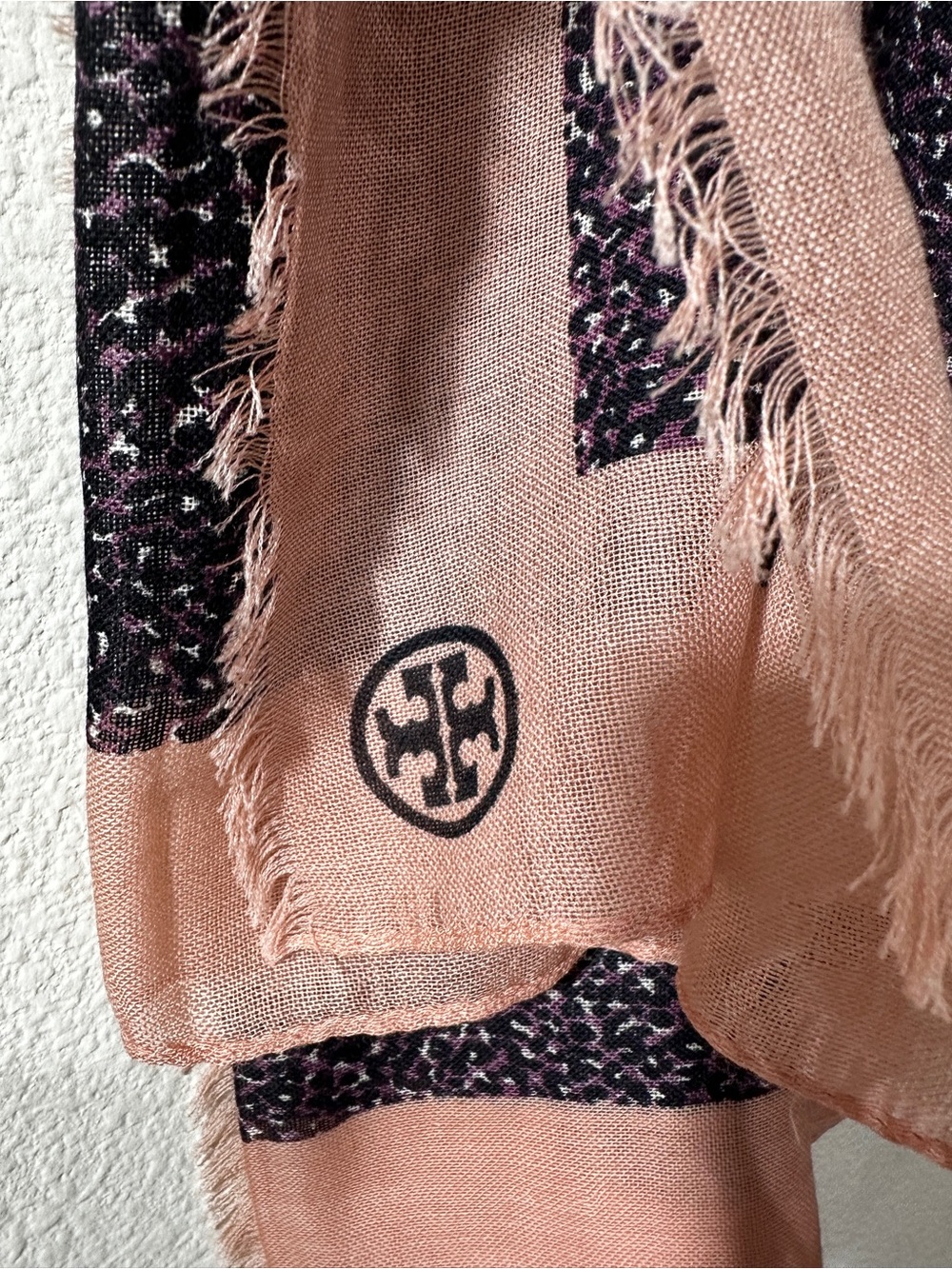 Tory Burch Blush Pink Scarf with Black Logo and Dark Pattern Trim